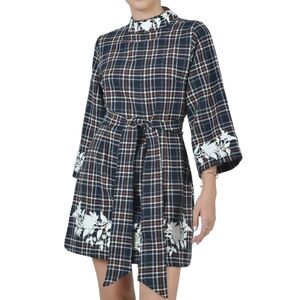 Fanm Mon Handcrafted 3/4 Sleeve A-line Tweed Mini Dress W/Embroidery: Navy Plaid